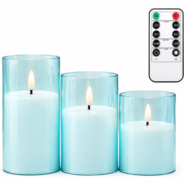 SWGOTA led kaarsen, 3 lichtblauwe cilindervormige kaarsen per doos, met afstandsbediening en timer, voor kerst- en bruiloftdecoratie