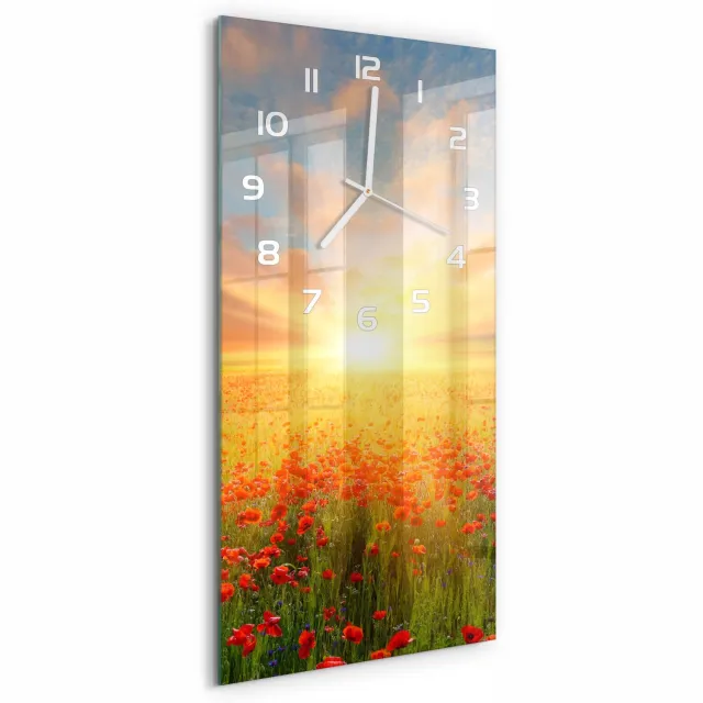 TULUP Wandklok - Klaproosveld Moderne Wandklok Glas - 30x60 cm - Geel Wandklok Glas Decoratie - Witte handen - Rechthoekige Klok - Glazen Wandklok Design - Klok Glas Met Opdruk