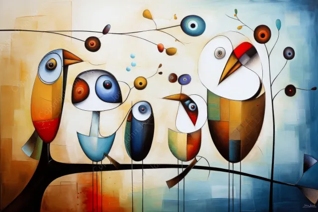 John Joseb Art (Aluminium) 120x80 | Vogels op een tak, Kandinsky, Joan Miro stijl, abstract, kleurrijk, kunst | dier, vogel, rood, bruin, blauw, modern | foto-schilderij op dibond, metaal wanddecoratie Aluminium, dikte 3 mm