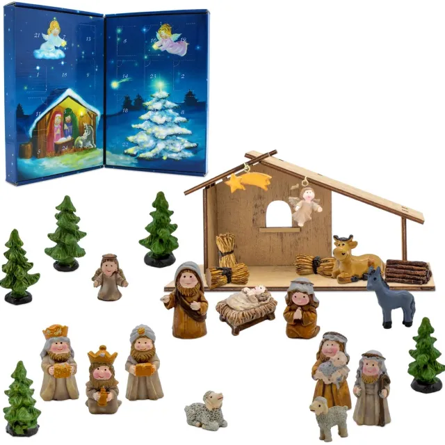 Famanu Houten kerststal met kunststeenfiguren, 26 x 13 cm, adventskalender met 24 figuren, decoratie voor Kerstmis en wintertafels Naturel