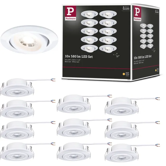 Paulmann LED-inbouwlamp Set van 10 zwenkbaar rond 82 mm 70° 10x4,8W 10x450lm 230V 3000K Wit