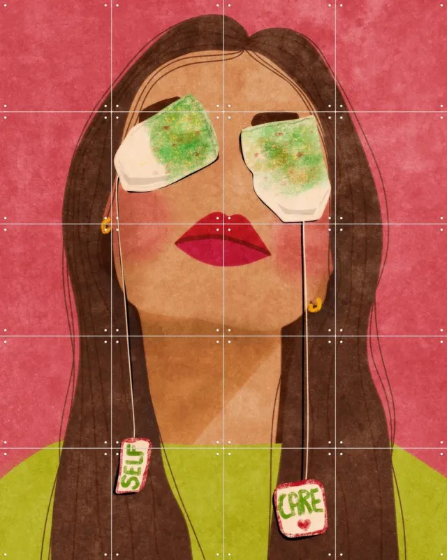 IXXI Tea Break, Raissa Oltmanns - 80 x 100 cm - Grote wanddecoratie en posters - Digitale Kunst, Pop art, Illustraties, Grafisch Ontwerp Roze / Groen