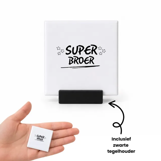 Hacebo Super broer tegeltje met tegelhouder - Broer - Familie - tegeltjes met tekst - Cadeau - spreuktegels - 4.8x4.8 CM Wit