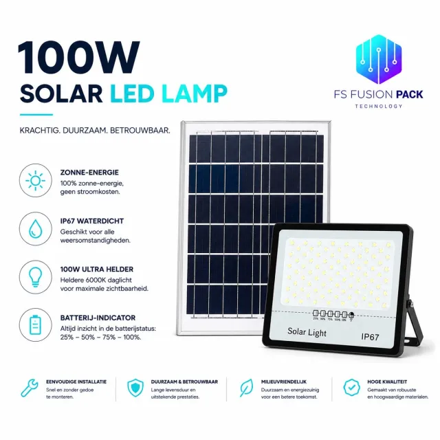 FS Fusion Pack 100W Solar LED Schijnwerper – Krachtige Buitenlamp – 6000K Daglicht – IP67 – Zonne-energie Duurzaam Krachtige Solar LED Schijnwerper - FS Fusion Pack 100W LED Zonne-Energie-Noodpakket- & Buitenverlichting-6000K – IP67 Waterdicht-Solar LED-2026 CE zwart