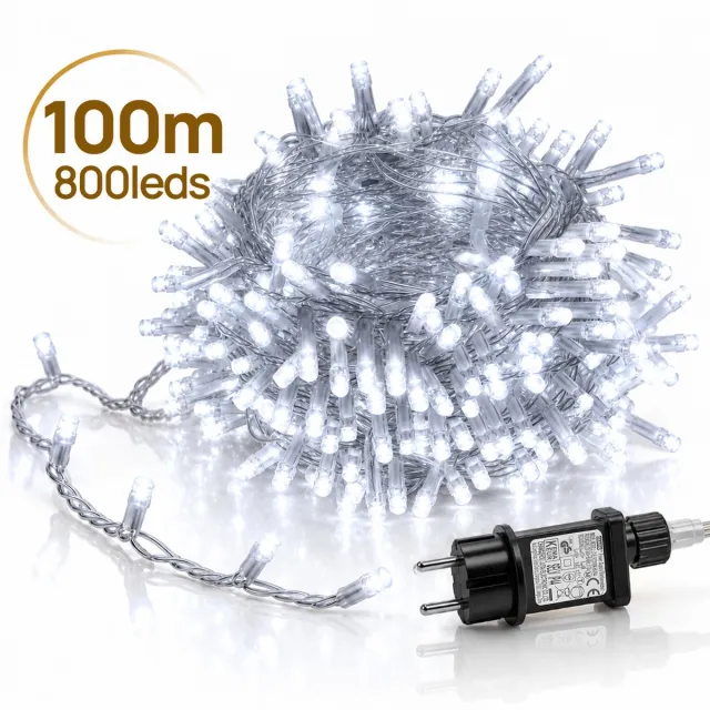 LAPAMAX LED Lichtsnoer - Kerstverlichting 100 m 800 LEDs Wit - Zonder Tail Plug - 31 V Laagspanning met Timer, Geheugen en 8 Lichtstanden - Kerstboomverlichting met Adapter en 3 m Aanloopsnoer