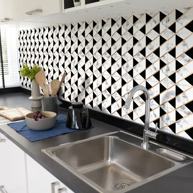 Ambiance Sticker Zelfklevende tegelmuurstickers voor keuken en badkamer - 24 zwart-witte cementtegelstickers met marmerlook en gouden accenten - 24 stickers, 10x10 cm Multi color
