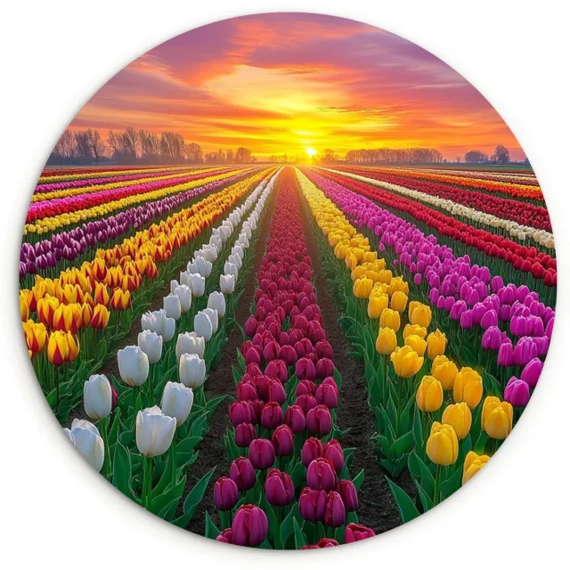 WallCircle Wandcirkel 120x120 cm - Muurcirkel Tulpenveld - Zonsondergang - Kleurrijk - Muurdecoratie woonkamer - Wanddecoratie slaapkamer - Kamer decoratie accessoires - Ronde schilderijen Tulpen - Kleurrijk