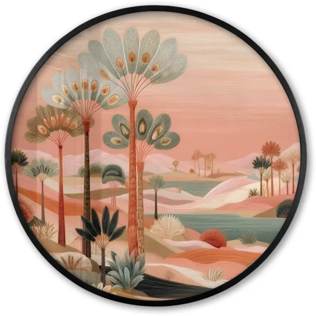 FrameYourWall Poster in lijst Rond - Fotolijst 60x60 cm - Posters - Roze landschap - Palmen - Water - Ronde posterlijst zwart - Decoratie - Wanddecoratie woonkamer - Muurdecoratie slaapkamer