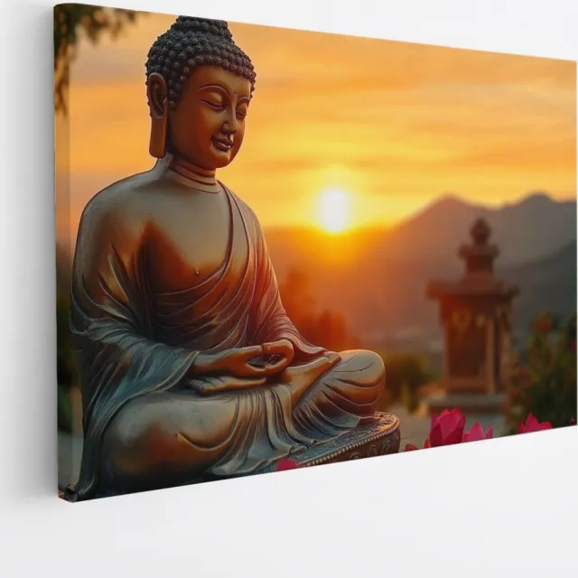 Saammp Canvas Schilderij - Boeddha met bloemen en zonsondergang - 150x100 - Foto op canvas - Wanddecoratie - Muurdecoratie Woonkamer - Canvas schilderijen Multicolor