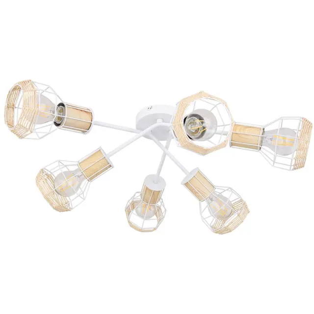 Globo Plafondlamp spot 6 vlammen kooi kappen plafondlamp wit raffia, metaal, naturel, 6x E27 fitting, DxH 70x24 cm