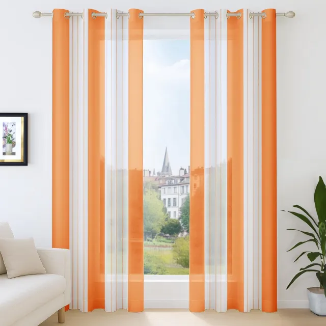 Ibenzoa Gordijnen met linnenlook en strepenpatroon, semi-transparant voor woonkamer, set van 2, oranje, 183 x 140 cm