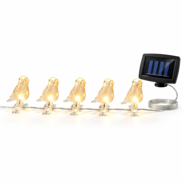 VHV Lichtslinger – Lichtsnoer Buiten Solar – 5 Vogelvormige LED-lampjes, Warm Wit – 2 m – Tuinverlichting op Zonne-energie – Waterbestendig