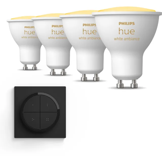 Philips Hue Uitbreidingspakket - GU10 - met 4 Spotjes - Warm tot Koelwit Licht - Incl. 1 Hue Dial Switch (Zwart) - Hue White Ambiance