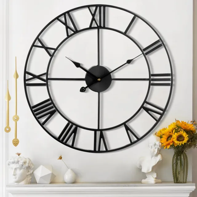 Mee 2ou Grote Wandklok Modern Bijna Stil Zonder Tikgeluiden - 80cm Diameter Romeinse Cijfers Wandklokken Moderne Woonkamer Wandklok Vintage Voor Slaapkamer Keuken Kantoor Landhuis Stijl Industriële Stijl Zwart