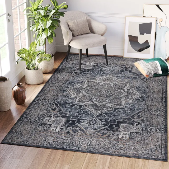 Tapiso Ritz Vloerkleed Donkergrijs Katoen Antislip Vintage Woonkamer Tapijt