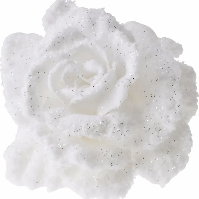Bellatio Flowers & Plants Cosy & Trendy Kerstboomversiering bloem op clip - 1x - wit besneeuwd - kunststof - 10 cm - glitters