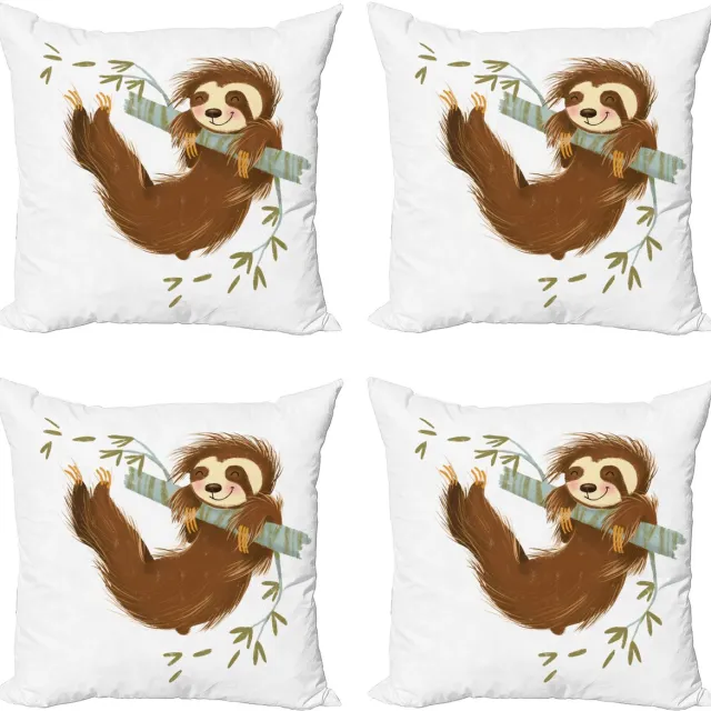 ABAKUHAUS Faultier Sierkussen Kussenhoes 4er Set, Fröhlich Dier op Boom, Modern Accent Dubbelzijdige Digitale Print, 40 x 40 cm, Bruin Khaki Grijs