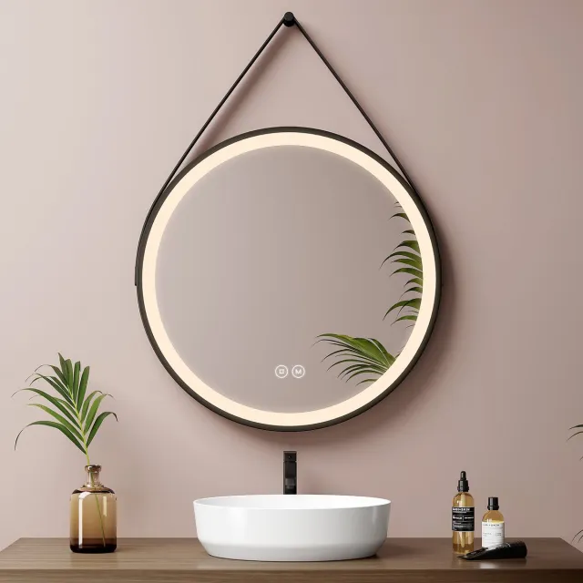 EMKE LED Wandspiegel met Ophangriem - OLM04 - Dimbaare Verlichting met 3 Lichtkleuren - 50CM - IP44 Hangspiegel voor Badkamer Slaapkamer & Hal