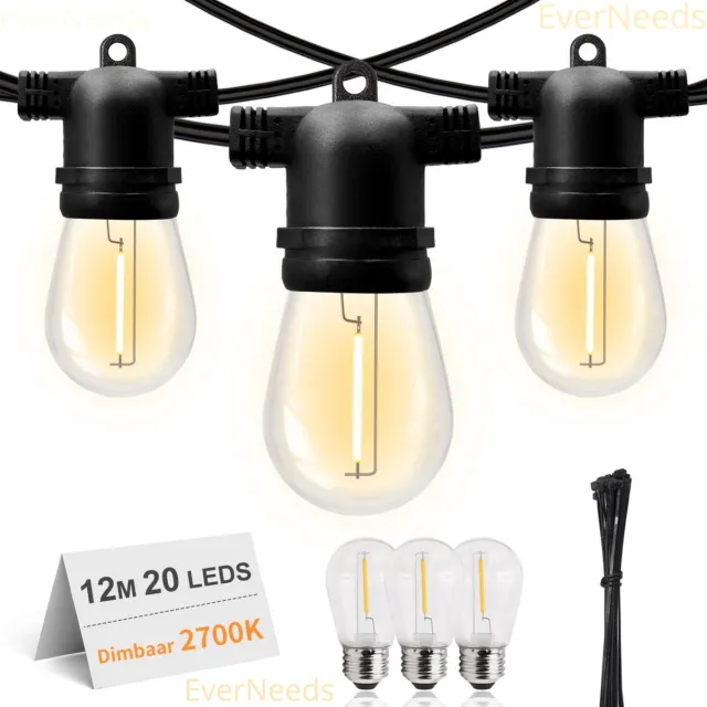EverNeeds S14 Lichtsnoer Buiten – Prikkabel 12m – 20 LED – IP65 – Met Dimfunctie - Lichtslinger - Sfeerverlichting Buiten en Binnen - Warm Wit 2700K – 3 Extra LED’s