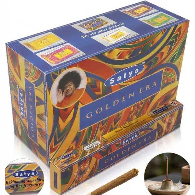 Satya Golden Era Wierookstokjes - Grootverpakking 12 x 15g (180 gram) - Authentieke Indiase Handgerolde Wierook - Voordeelverpakking - Golden Era Geurstokjes voor Ontspanning en Meditatie met Kajal Sticker