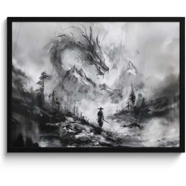 FrameYourWall Poster in lijst - Fotolijst 70x50 cm - Posters - Krijger - Draak - Grijs - Posterlijst zwart - Decoratie - Wanddecoratie woonkamer - Muurdecoratie slaapkamer