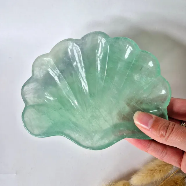 Moonlight Gemstones Edelsteen Carving Schaal Schelpvorm Groene Fluoriet #30 - Uniek Cadeau Meerkleurig