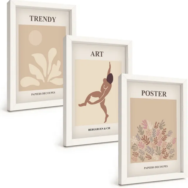 TULUP 3-Delige Schilderij Set - Abstracte vormen en figuren van Henri Matisse - 20x30 - Decoratieve Schilderijen - Woonkamer - Interieur - Interieur Decoratie Witte lijst