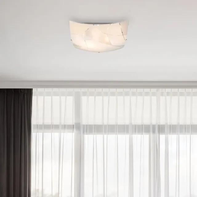 Globo Glazen plafondlamp Plafondlamp E27 fitting 2 vlammen Wit hoekig, gesatineerd chroom, decoratieve lijnen, 2x E27, LxBxH 30x30x8,5 cm