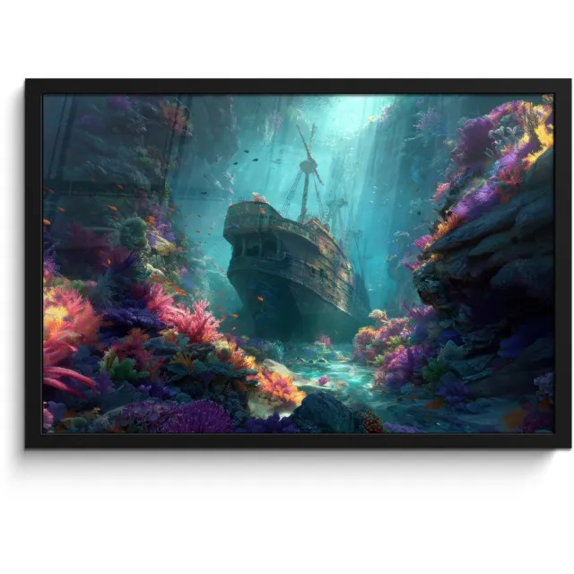 FrameYourWall Poster in lijst - Fotolijst 60x40 cm - Posters - Schip - Hout - Koraalriffen - Zonlicht - Posterlijst zwart - Decoratie - Wanddecoratie woonkamer - Muurdecoratie slaapkamer