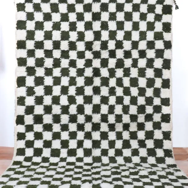 Poufs&Pillows Modern geruit tapijt groen-wit - 250 x 150 cm - Handgeknoopt vloerkleed, hoogpolig tapijt, geblokt tapijt