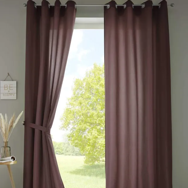 Unyqoos Elegante bruine gordijnenset van microsatijn met zilverkleurige oogjes