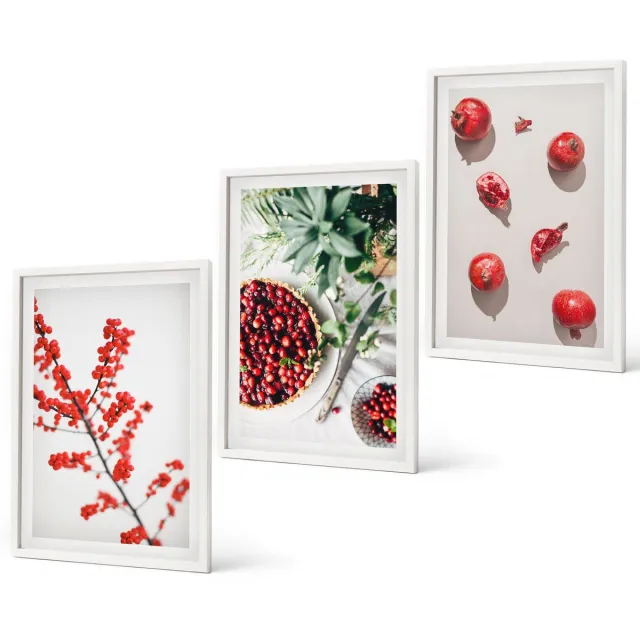 Coloray 3-Delige Schilderij Set - Rode Vruchten En Planten In Een Minimalistische Stijl - 40 x 60 - Stijlvolle Wanddecoratie - Interieur - Interieur Decoratie Witte lijst