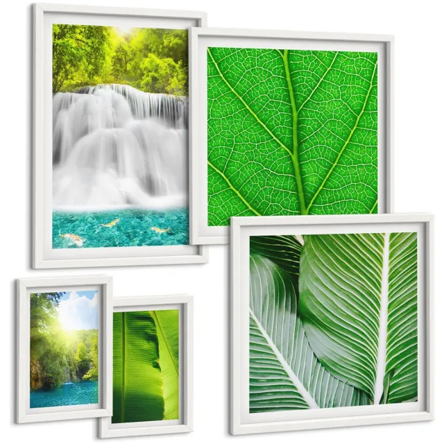 TULUP 4-Delige Schilderij Set - Tropische landschappen met watervallen en palmbladeren - 50 x 50 cm, 20 x 30 cm en 40 x 60 cm - Schilderijen Set - Wanddecoratie - Woonkamer - Interieur Decoratie Witte lijst