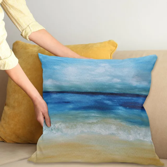 ABAKUHAUS Kunst Kussenhoes, Tropisch Sandy Strand, Water- en Vuilafstotend, Wasbaar, Dubbelzijdige Print met Ritssluiting, 60 x 60 cm, Marineblauw Lichtbruin