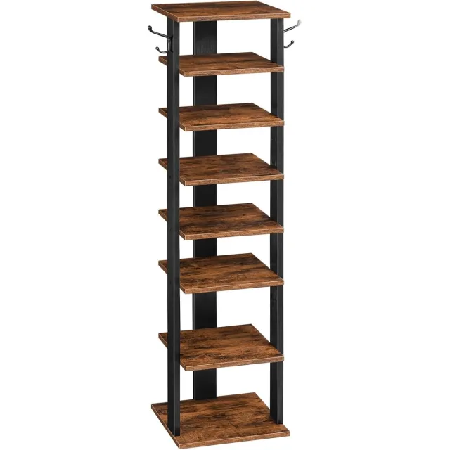 Famanu Schoenenrek met 8 niveaus, smal schoenenrek, schoenenkast met 2 haken, opbergplanken, schoen organisator, ruimtebesparend, voor entree, hal, slaapkamer, vintage bruin-zwart Vintagebruin + zwart
