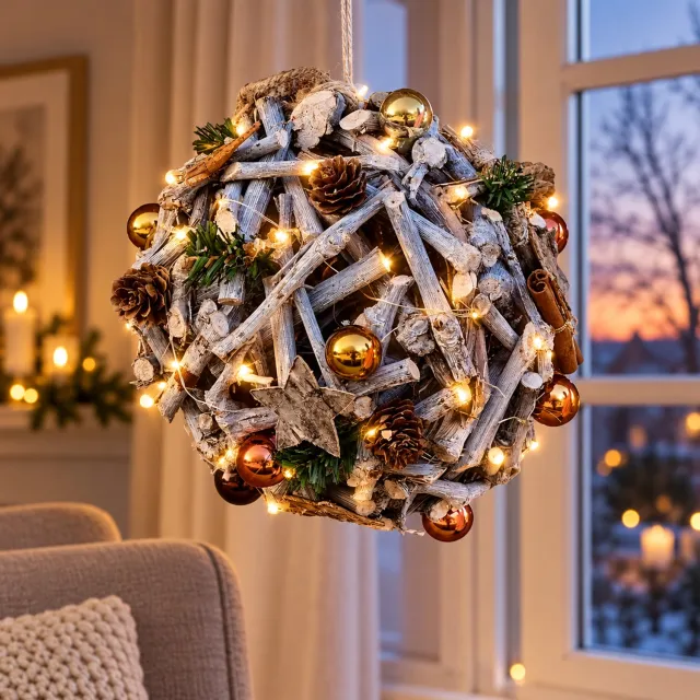 Deco Kersttakkenbal met verlichting - Kerst verlichting - kopermix - Ø 28 cm - 20 warmwitte microleds - op batterijen Bruin , Koper