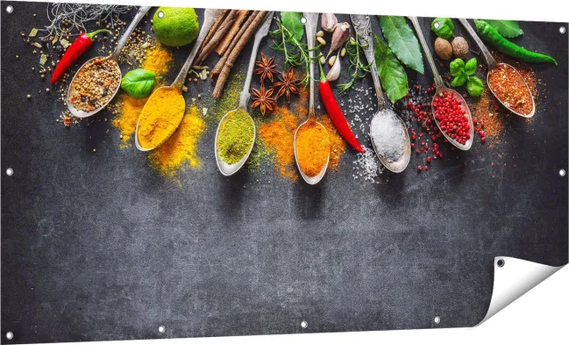 Gards Tuinposter Kruiden en Specerijen op een Zwarte Plaat - 160x80 cm - Tuindoek - Tuindecoratie - Wanddecoratie buiten - Tuinschilderij Multikleur