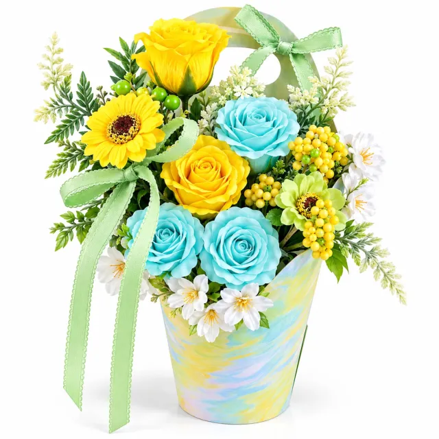 La Roselle Amsterdam Kunstbloemen Boeket met Gele en Mintblauwe Rozen en Margrieten – Kleurrijk Bloemencadeau voor Verjaardag, Verjaardagscadeau voor Haar, Valentijn, Kerst, Pasen en Jubileum | La Roselle Amsterdam