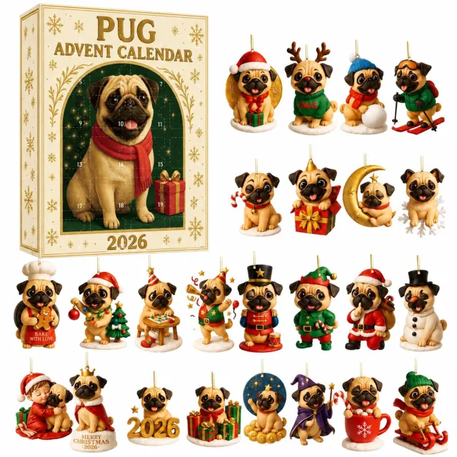 SWGOTA Adventskalender 2026 met mopshonden - 24 platte acryl kersthangers met ophangkoord, in kartonnen doos Bruin