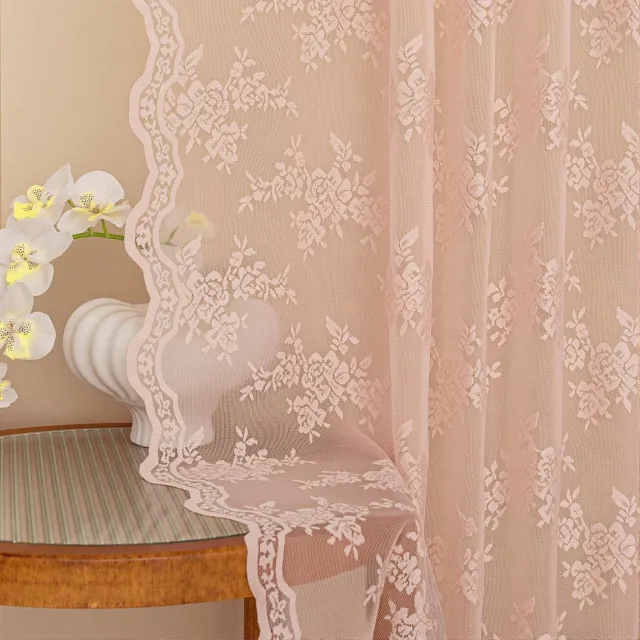 Famanu Vintage transparante kant gordijnen met plooiband, set van 2 panelen van 140 x 145 cm, ideaal voor romantische decoratie en het binnenlaten van natuurlijk licht