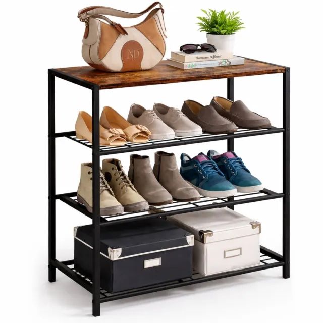 LUXALIVING Schoenenrek – Schoenenkast – 4 Lagen – Schoenen Opberger voor Hal – Metaal & Hout – 60 x 30 x 59 cm – Zwart/Bruin