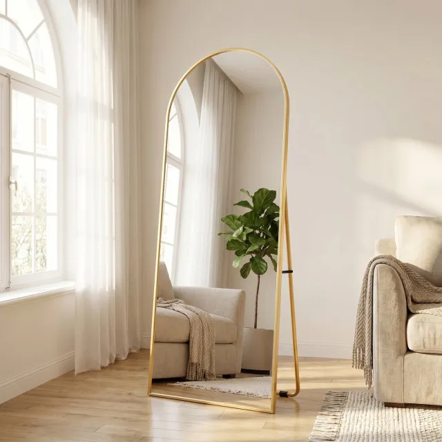 MEXUS Volledig Gebogen Spiegel 162x53 cm, Minimalistische Vrijstaande Spiegel, Grote Staande Spiegel, Gebogen Vrijstaande Spiegel, Hangend Elliptisch Voor Slaapkamer Woonkamer Hal (Goud, 162x53 cm)