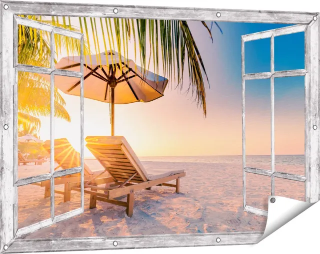 Gards Tuinposter Doorkijk Tropisch Strand tijdens Zonsondergang - 120x80 cm - Tuindoek - Tuindecoratie - Wanddecoratie buiten - Tuinschilderij Grijs