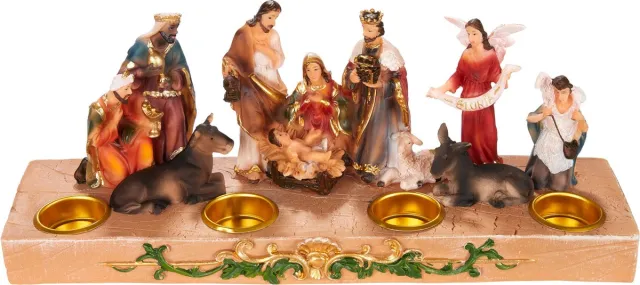 Brubaker Kerststalfiguur kandelaar - kerststal voor kaarsen met 3 cm Ø - 29 cm tafelkribbe kerstfiguur met handgeschilderde figuren Jezus, Maria, Jozef en Koningen - adventskaarsenhouder Houtlook