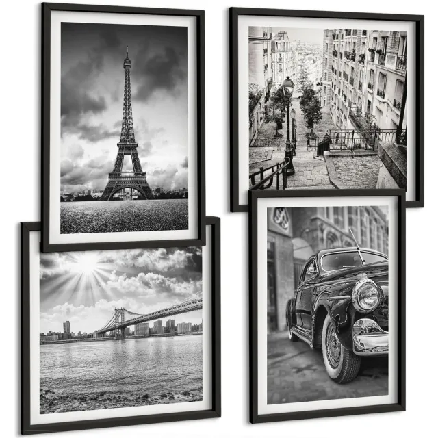 TULUP 4-Delige Schilderij Set - Stadsgezichten Bruggen Eiffeltoren Klassieke auto - 40 x 40 cm en 40 x 60 cm - Muurdecoratie - Wanddecoratie - Hal - Moderne Wanddecoratie Zwarte lijst