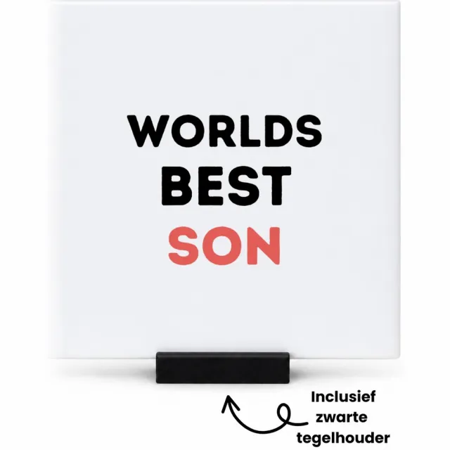 Hacebo worlds best son tegeltje met tegelhouder - Zoon - de beste zoon - tegeltjes met tekst - verjaardagscadeau - verjaardag - cadeau - cadeautje voor zoon - zoon artikelen - kado - geschenk - gift - spreuktegels - 10.8x10.8 CM Wit