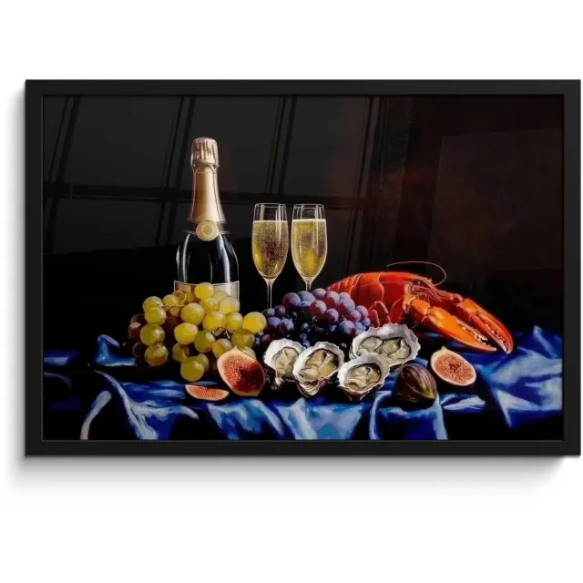 FrameYourWall Poster in lijst - Fotolijst 60x40 cm - Posters - Champagne - Luxe - Oesters - Posterlijst zwart - Decoratie - Wanddecoratie woonkamer - Muurdecoratie slaapkamer Champagne - Stilleven