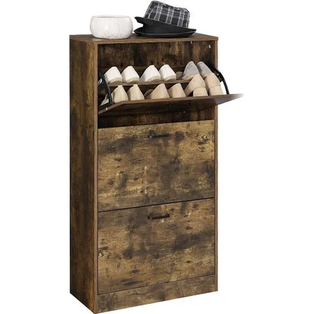 MAZAZU MIRA Home - Schoenenkast - Schoenenkast met 3 draaideuren - Industrieel - Spaanplaat - Rustiek bruin - 60x24x120