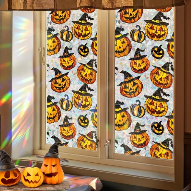 SNQ Halloween Raamstickers met Pompoenmotief - Glas-in-Lood Raamfolie - 43x100 cm - Statische Vensterdecoratie - Zonder Lijm - Herbruikbaar - Voor Raam, Deur, Woonkamer, Keuken en Etalage