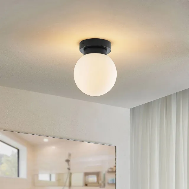 Lindby Plafondlamp badkamer - 1licht - Staal, glas - H: 18 cm - E14 - zwart mat